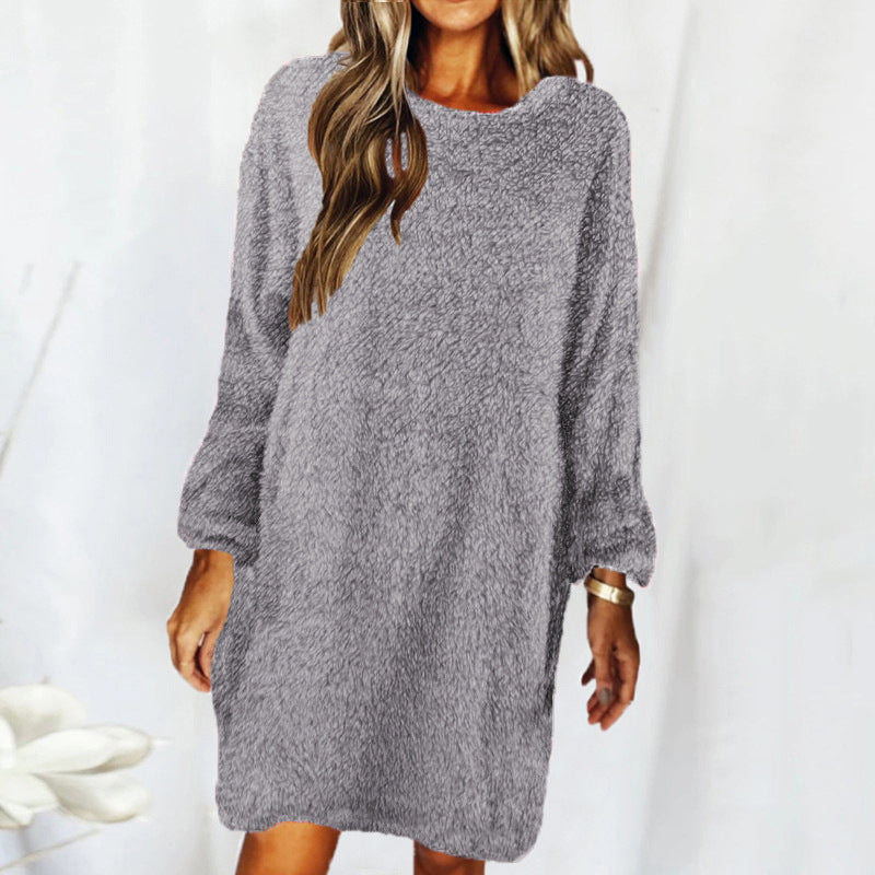 Plush Cotton Lounge Dress – Long Sleeve Relaxed Fit for Fall and Winter