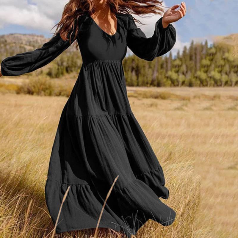 Elegant Long Sleeve Solid Maxi Dress – Graceful High-Waist Fit