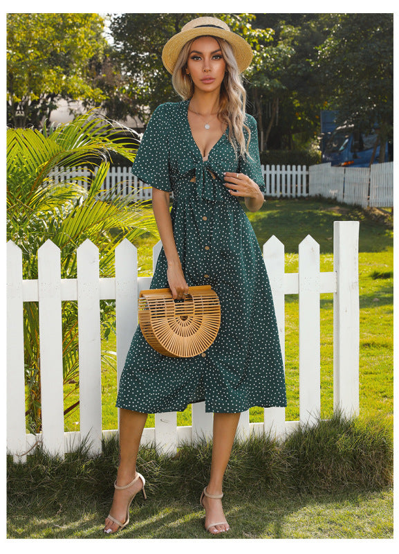 Polka Dot Deep V-Neck Short Sleeve Bow Dress – Chic Summer Midi
