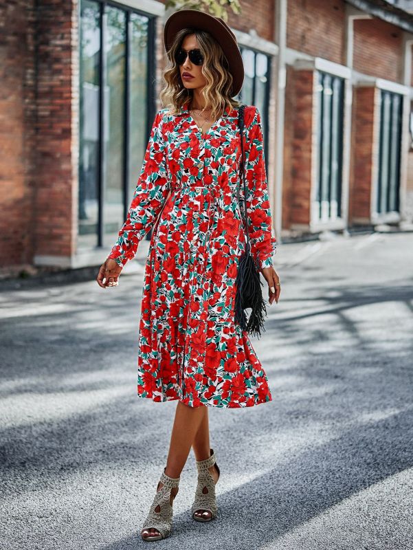 Printed V-Neck Long Sleeve Maxi Dress – Breathable Viscose for All-Season Style Red