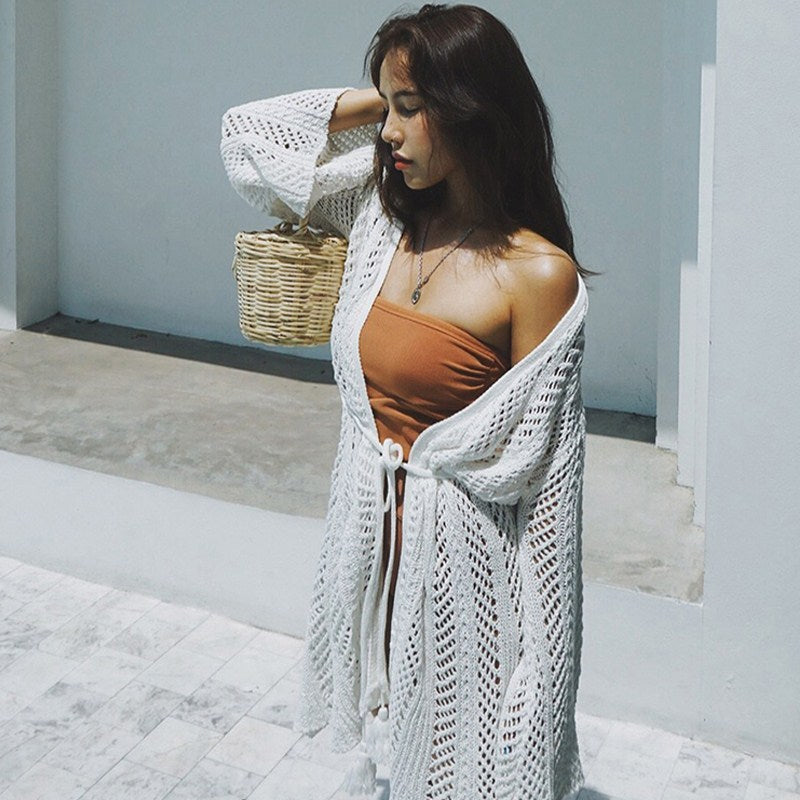 Cutout Long Sleeve Beach Cover Up – Lightweight Sun Shirt for Swimwear White One size