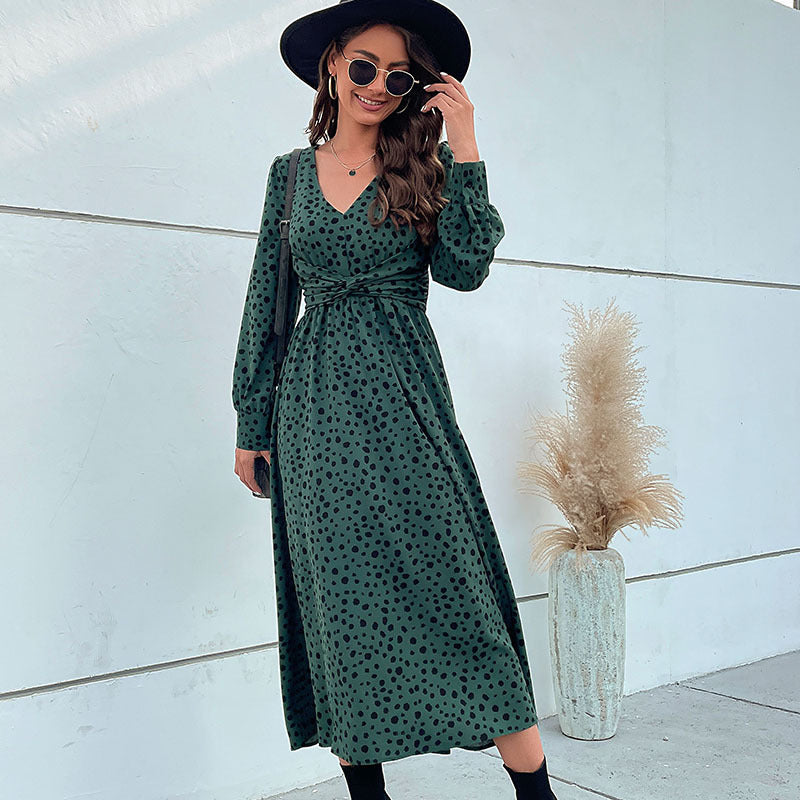 Green Leopard Print Long Sleeve Maxi Dress – Spring-Summer Collection Green black jasper