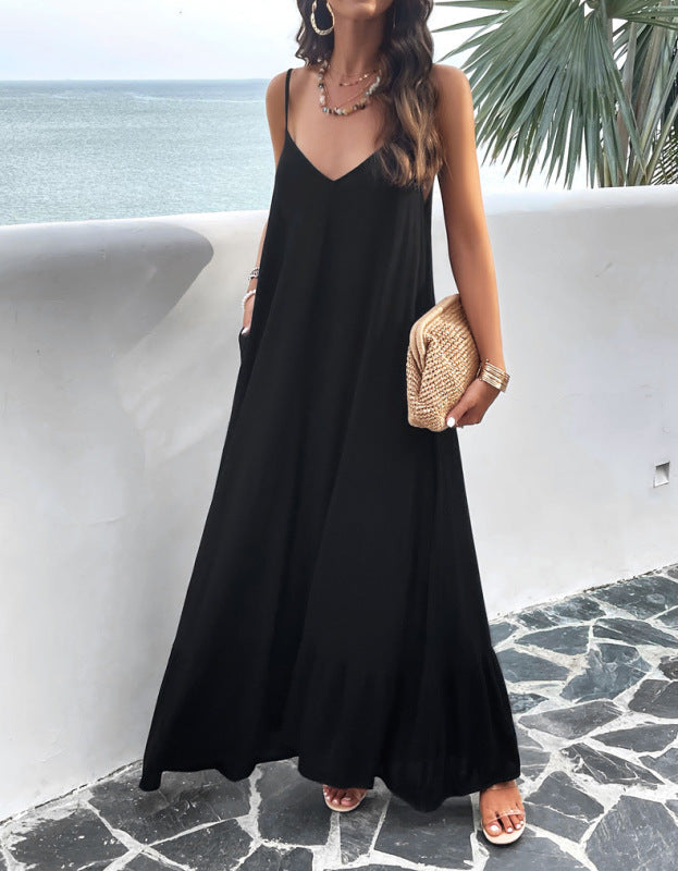 Boho Solid Color Loose Suspender Dress – Lightweight Viscose Midi for Summer