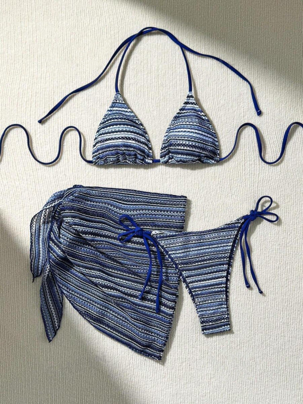 Striped Halter Bikini Set with Matching Cover-Up – High Elasticity Fit