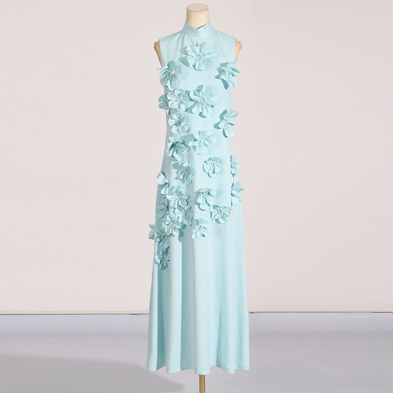 Women's 3D Floral Sleeveless Long Dress Blue