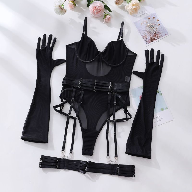 Mesh Panel One-Piece Bodysuit with Gloves – High Stretch, Sexy Fit