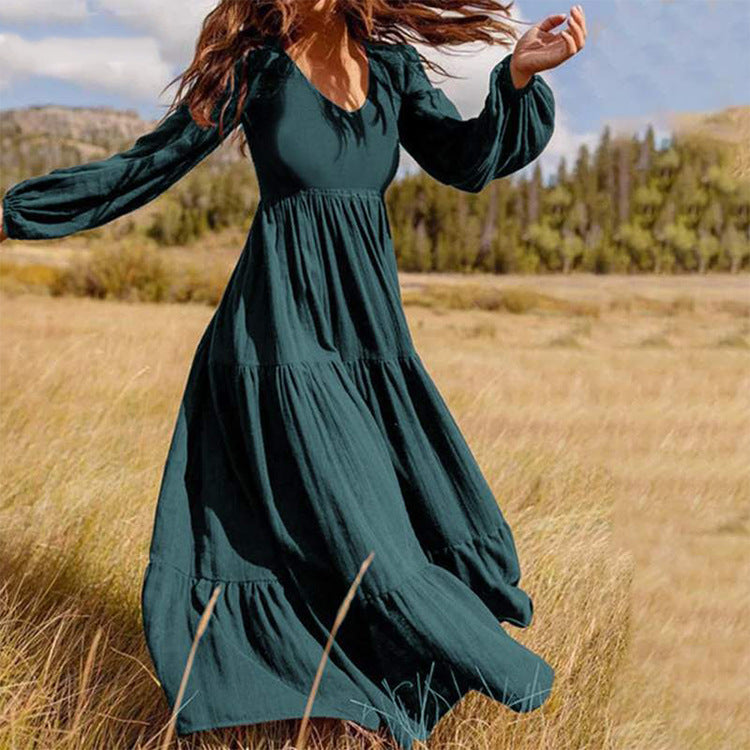 Elegant Long Sleeve Solid Maxi Dress – Graceful High-Waist Fit