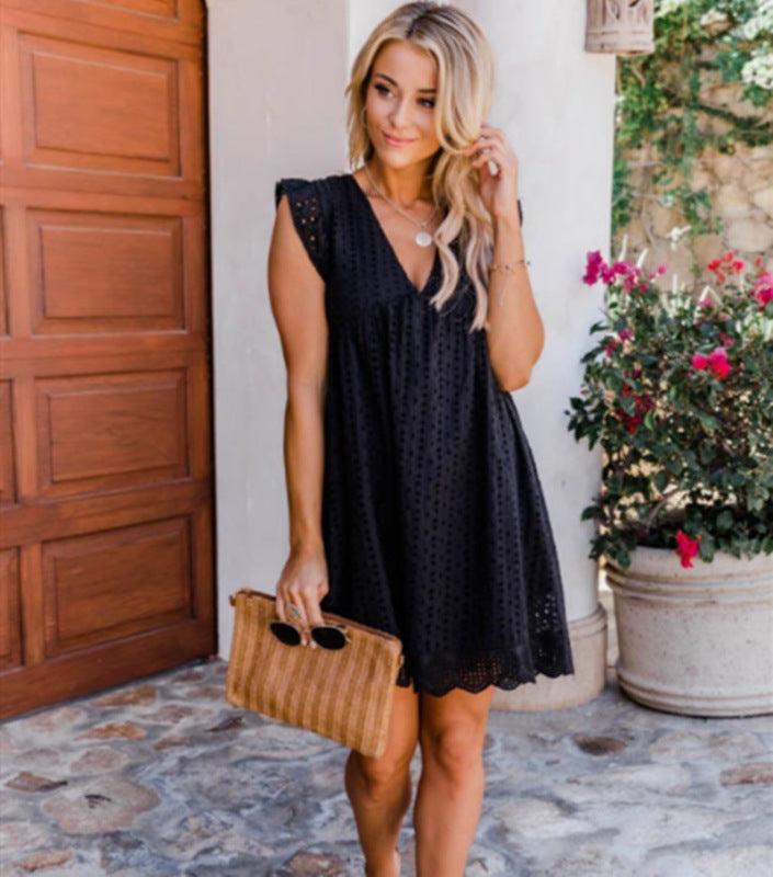 Lace Hollow V-Neck Bohemian Dress – Spring-Summer Slant Pocket Design