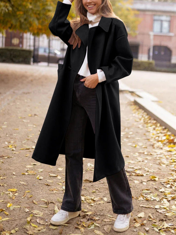 Long Wool-Blend Buttoned Coat with Lapel Collar