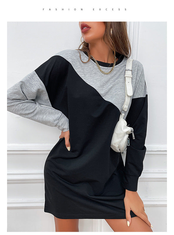 Color Block Long Sleeve Sweater Dress – Relaxed Fit Autumn Style Black