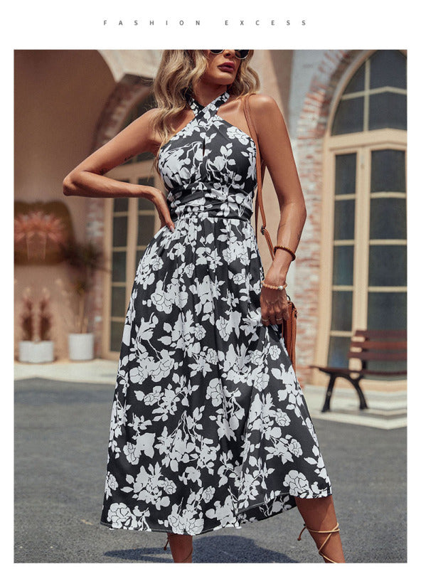 Halter Cross Print Sling Maxi Dress – Sleeveless & Lightweight Black