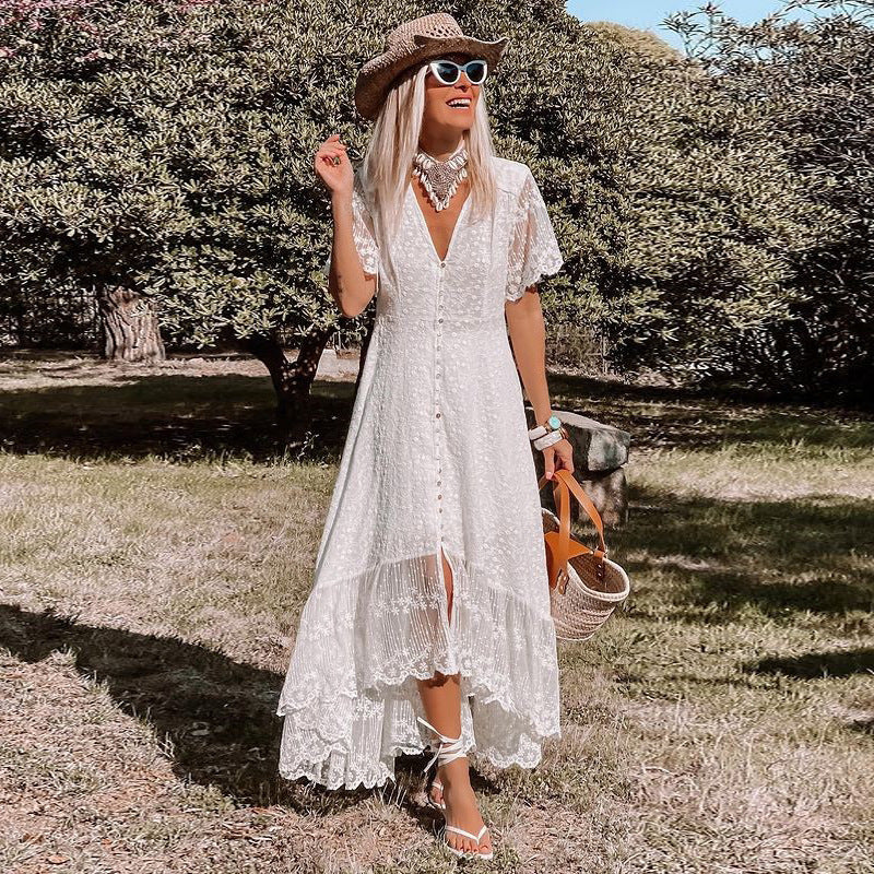 Deep V Long Sleeve Hollow Beach Dress – Elegant Lace Resort Style Raw white off white