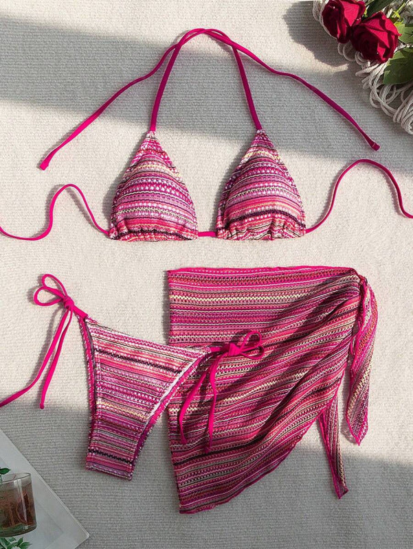 Striped Halter Bikini Set with Matching Cover-Up – High Elasticity Fit