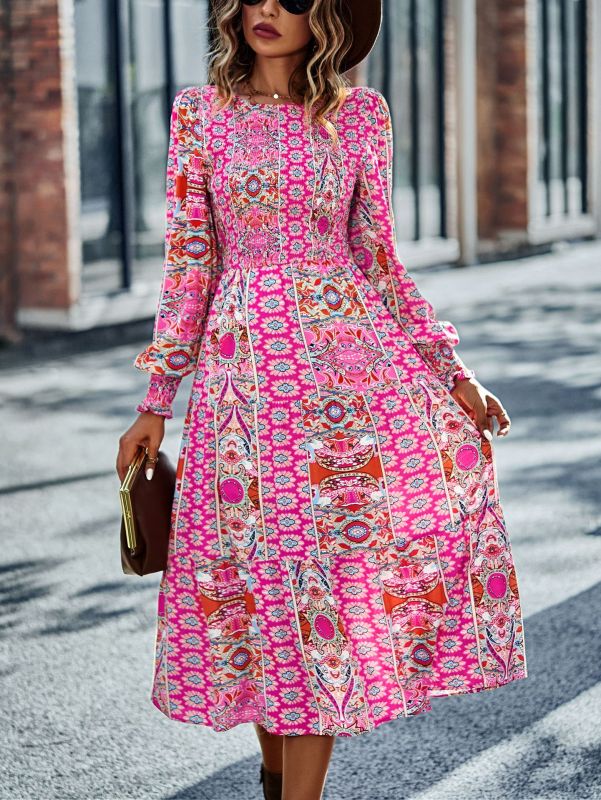 Bohemian Swing Maxi Dress – Round Neck, Woven Polyester, Spring & Autumn Style