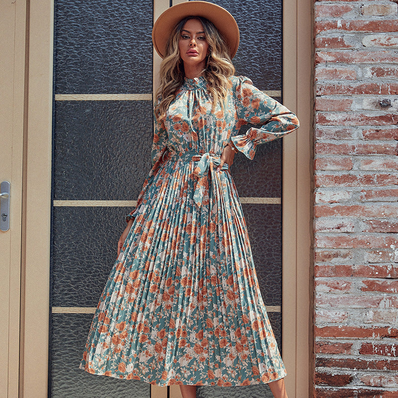 Romantic Long Printed Maxi Dress – Woven Polyester, No Stretch, 4-Season Wear