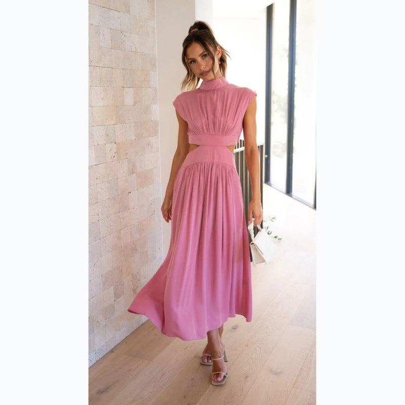 Stand Collar Pleated Maxi Dress – Open Waist, Boho Style, Spring-Summer Comfort