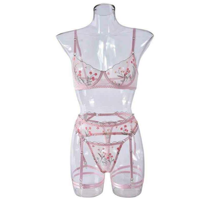 Smiling Maria embroidered mesh lingerie set in pink with floral designs and adjustable straps