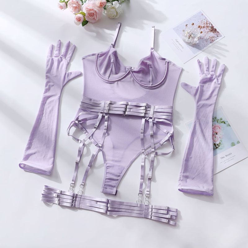Mesh Panel One-Piece Bodysuit with Gloves – High Stretch, Sexy Fit