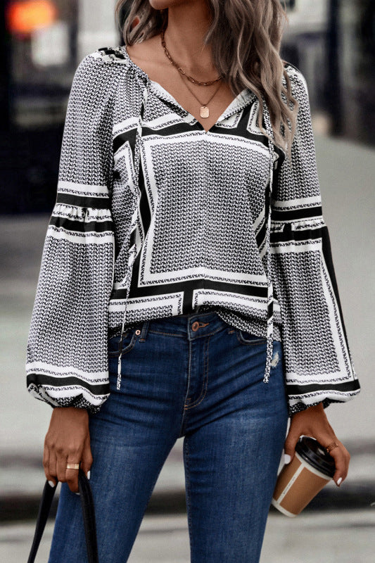 Women's Geometric Print Balloon Sleeve Blouse