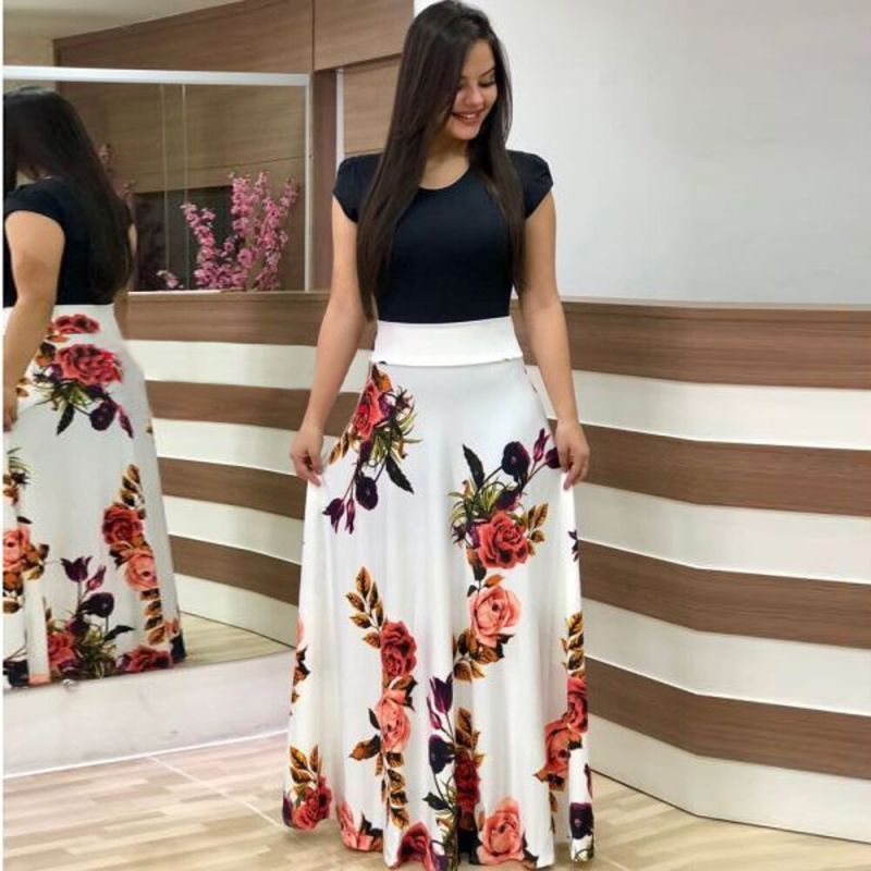 Retro-Colorblock-Maxikleid für Damen – Digitaler Blumendruck und Rundhalsausschnitt