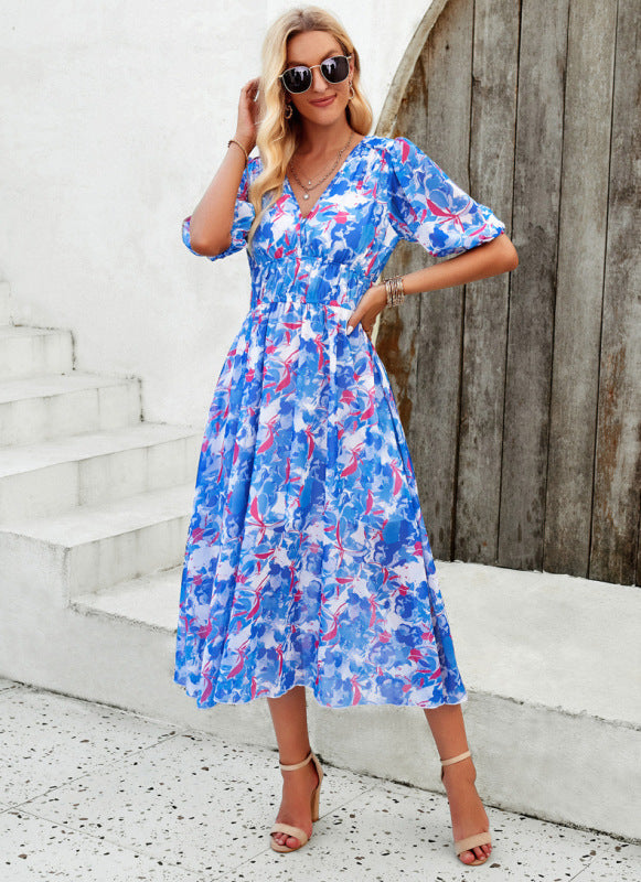 Elegant Floral V-Neck Maxi Dress with Defined Waist – Spring Summer Style