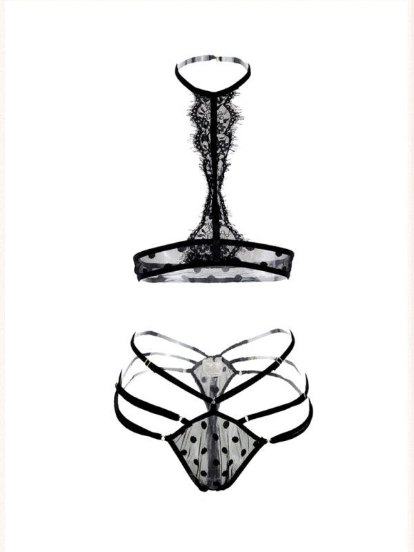 Polka Dot Mesh Lace Nightgown – 3-Piece See-Through Lingerie Set
