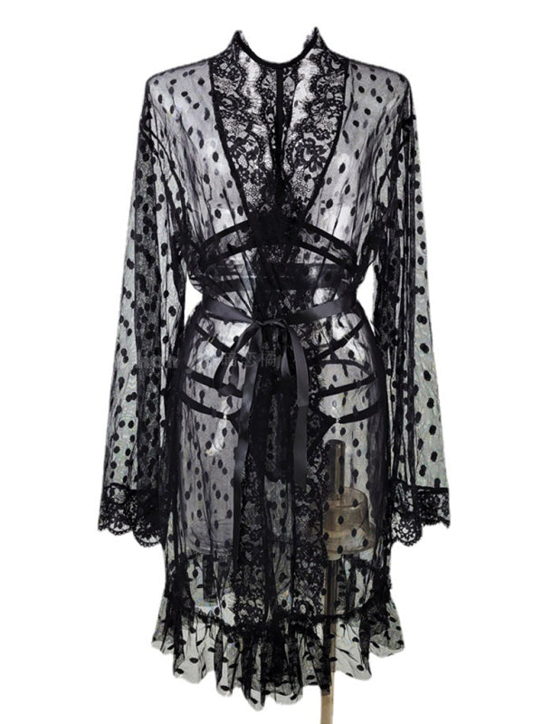Polka Dot Mesh Lace Nightgown – 3-Piece See-Through Lingerie Set