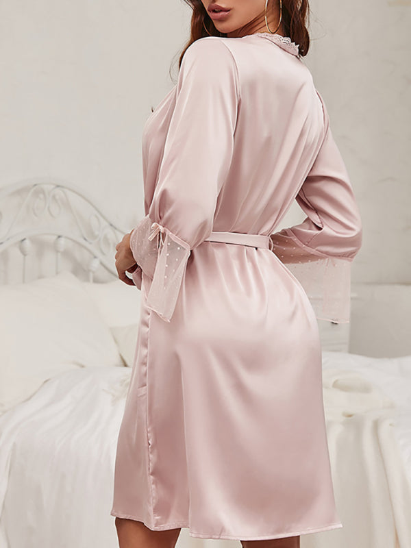 Elegant Lace Trimmed Belted Loungewear Robe – 3/4 Sleeves & Woven Fabric