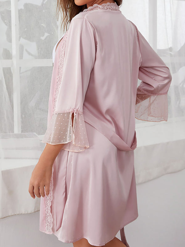 Elegant Lace Trimmed Belted Loungewear Robe – 3/4 Sleeves & Woven Fabric