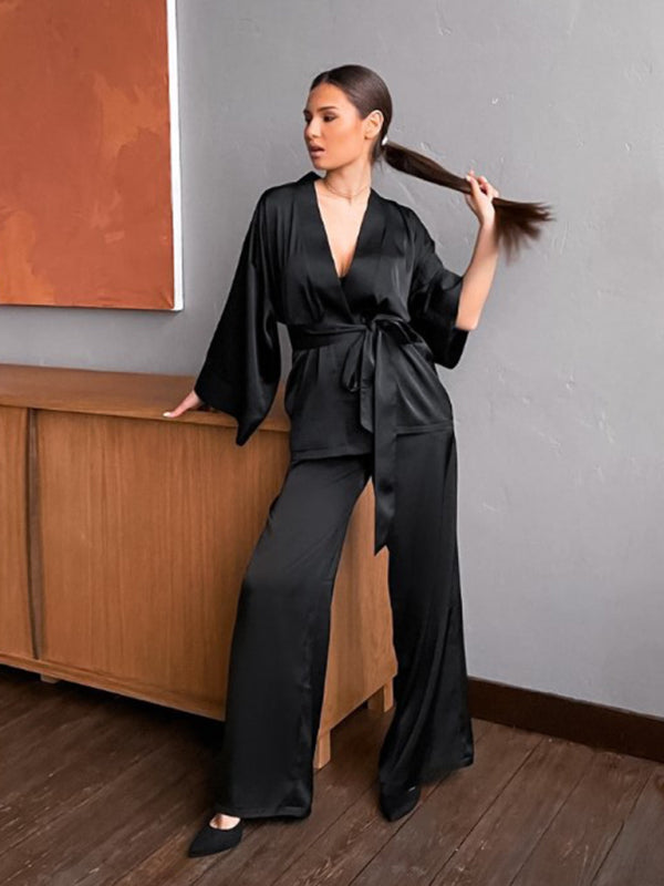 Lace Trim Loose Fit Pajama Set – Soft Polyester, 3/4 Sleeves, S-3XL