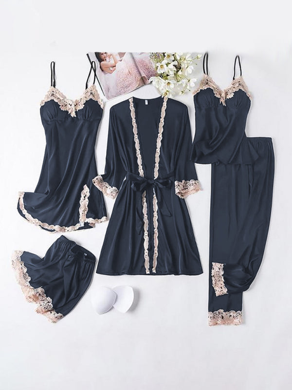 Women's Lace Pajama Set – 5-Piece Soft Lounge Sleepwear in Contrasting Colors