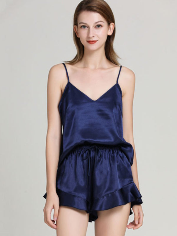 Women's Solid V-Neck Camisole and Shorts Pajama Set – Lightweight Lounge Sleepwear