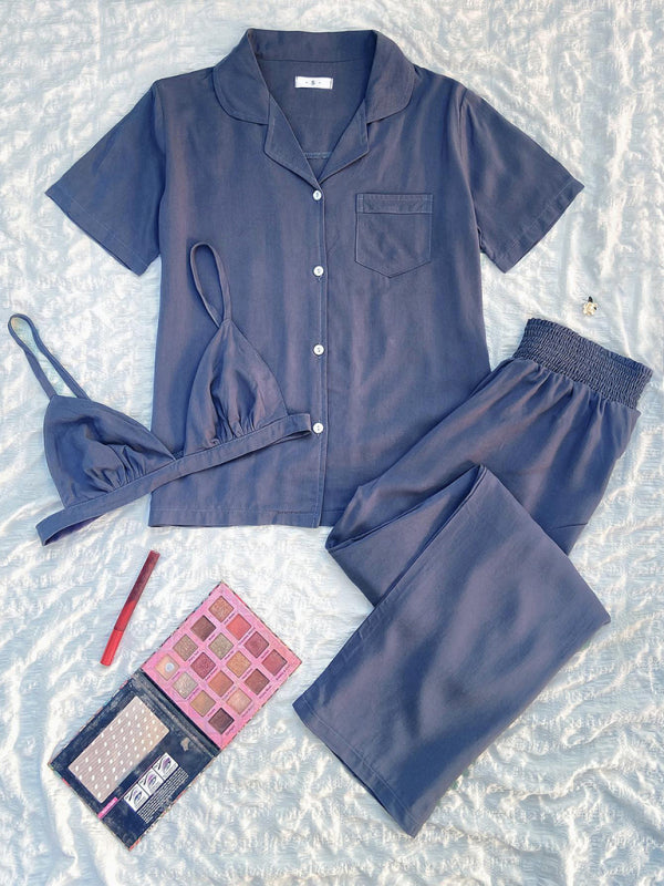 Solid Color 3-Piece Women's Lounge Set – Soft Rayon Pajamas with Lapel Top