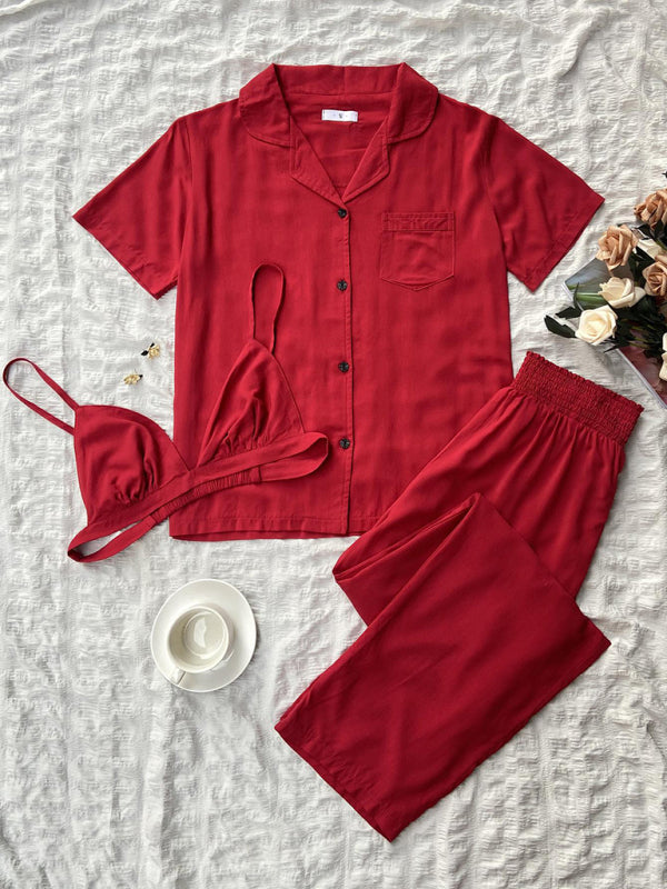 Solid Color 3-Piece Women's Lounge Set – Soft Rayon Pajamas with Lapel Top
