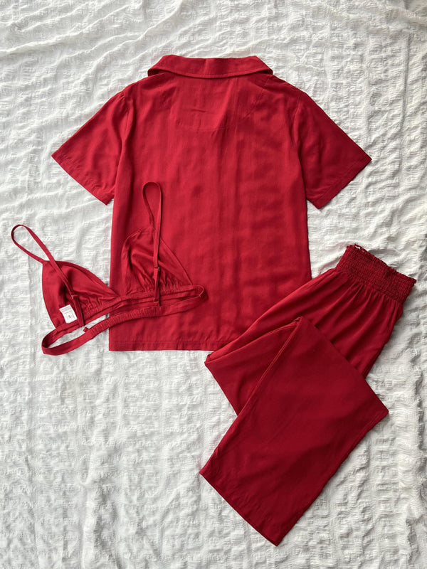 Solid Color 3-Piece Women's Lounge Set – Soft Rayon Pajamas with Lapel Top