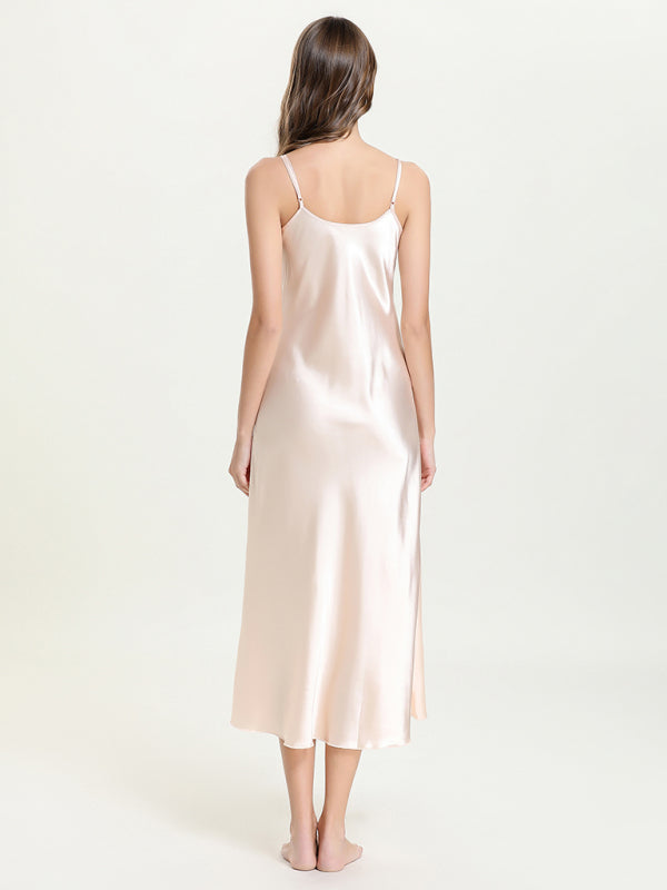 Satin V-Neck Midi Slip Dress – Sexy Sleeveless Silhouette with Adjustable Straps