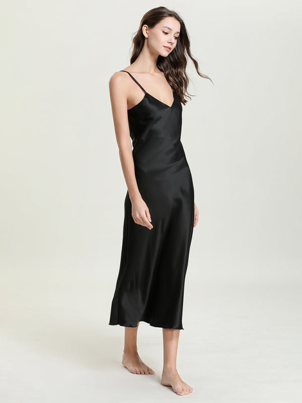 Satin V-Neck Midi Slip Dress – Sexy Sleeveless Silhouette with Adjustable Straps