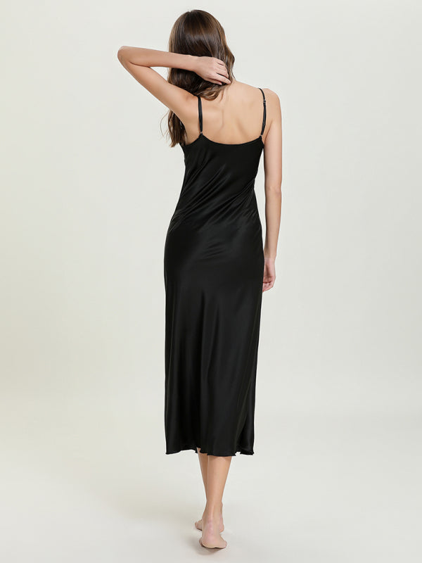Satin V-Neck Midi Slip Dress – Sexy Sleeveless Silhouette with Adjustable Straps