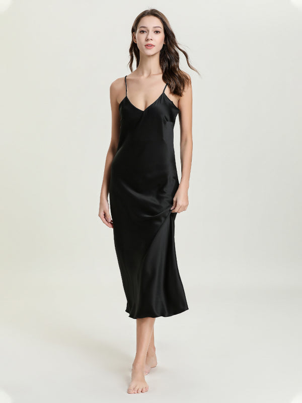 Satin V-Neck Midi Slip Dress – Sexy Sleeveless Silhouette with Adjustable Straps
