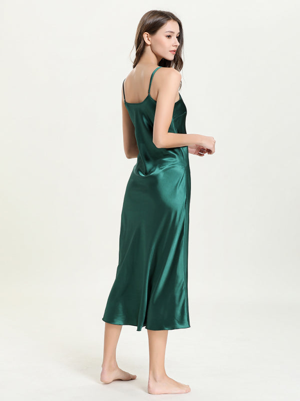 Satin V-Neck Midi Slip Dress – Sexy Sleeveless Silhouette with Adjustable Straps
