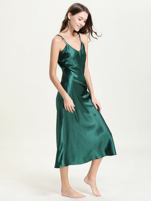 Satin V-Neck Midi Slip Dress – Sexy Sleeveless Silhouette with Adjustable Straps