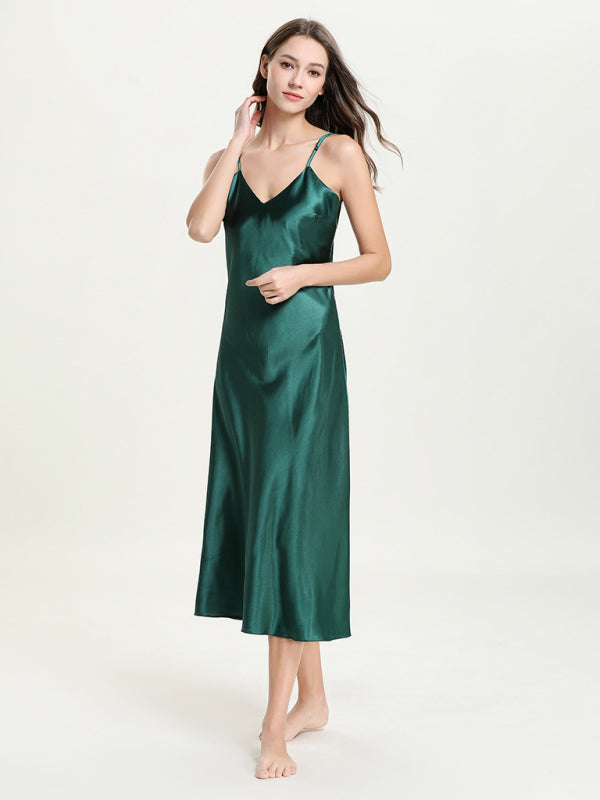 Satin V-Neck Midi Slip Dress – Sexy Sleeveless Silhouette with Adjustable Straps