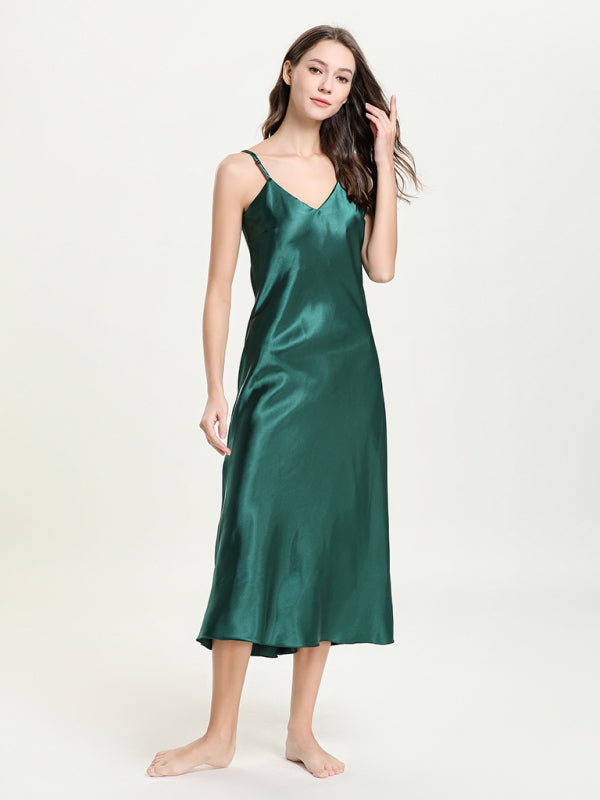 Satin V-Neck Midi Slip Dress – Sexy Sleeveless Silhouette with Adjustable Straps