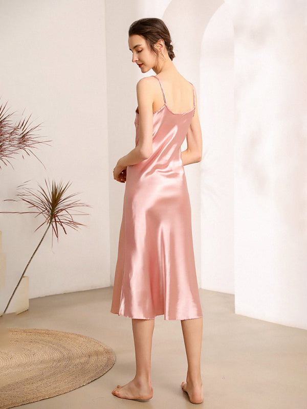 Satin V-Neck Midi Slip Dress – Sexy Sleeveless Silhouette with Adjustable Straps