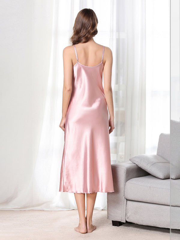 Satin V-Neck Midi Slip Dress – Sexy Sleeveless Silhouette with Adjustable Straps