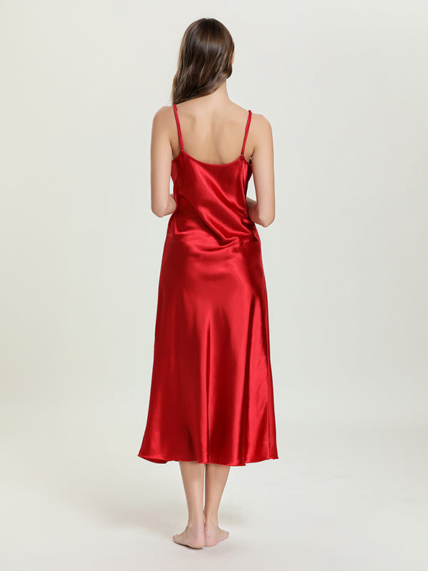 Satin V-Neck Midi Slip Dress – Sexy Sleeveless Silhouette with Adjustable Straps