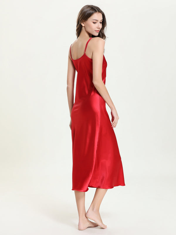 Satin V-Neck Midi Slip Dress – Sexy Sleeveless Silhouette with Adjustable Straps