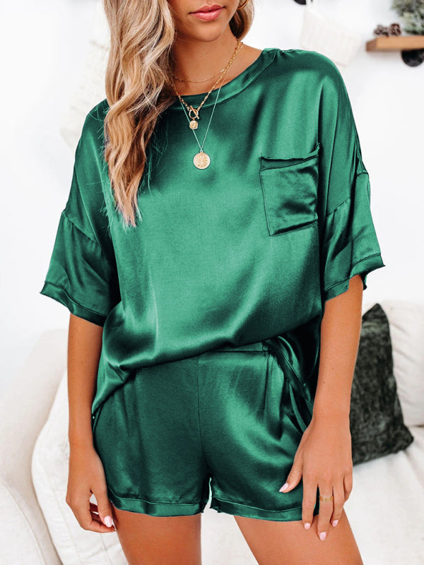 Women's Satin Short-Sleeve Pajama Set with Irregular Hem & Shorts
