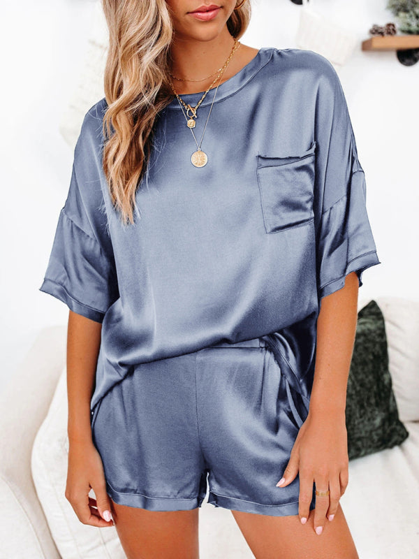 Women's Satin Short-Sleeve Pajama Set with Irregular Hem & Shorts