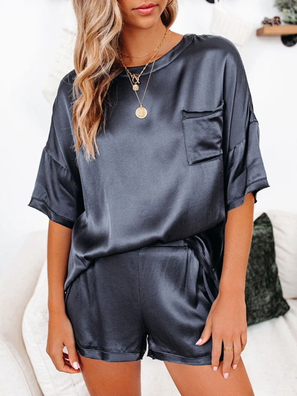 Women's Satin Short-Sleeve Pajama Set with Irregular Hem & Shorts